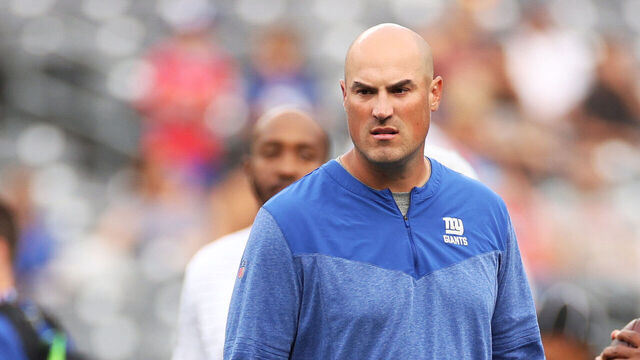 EAST RUTHERFORD, NEW JERSEY - AUGUST 21: Offensive coordinator Mike Kafka of the New York Giants looks on during warmups of a preseason game against the Cincinnati Bengals at MetLife Stadium on August 21, 2022 in East Rutherford, New Jersey.
