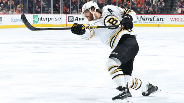 PHILADELPHIA, PENNSYLVANIA - JANUARY 27: David Pastrnak #88 of the Boston Bruins shoots during the third period against the Philadelphia Flyers at the Wells Fargo Center on January 27, 2024 in Philadelphia, Pennsylvania.