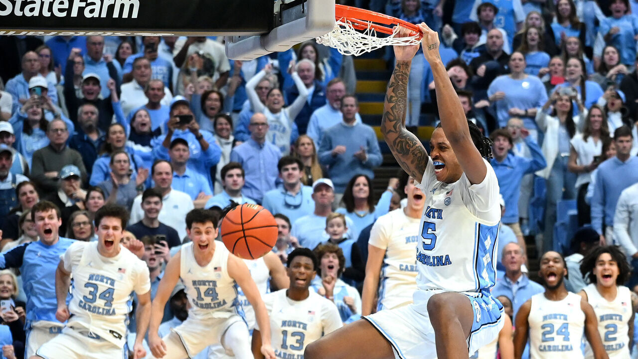 CHAPEL HILL, NORTH CAROLINA - FEBRUARY 03: Armando Bacot #5 of the North Carolina Tar Heels dunks during the closing seconds of a win against the Duke Blue Devils at the Dean E. Smith Center on February 03, 2024 in Chapel Hill, North Carolina. The Tar Heels won 93-84.