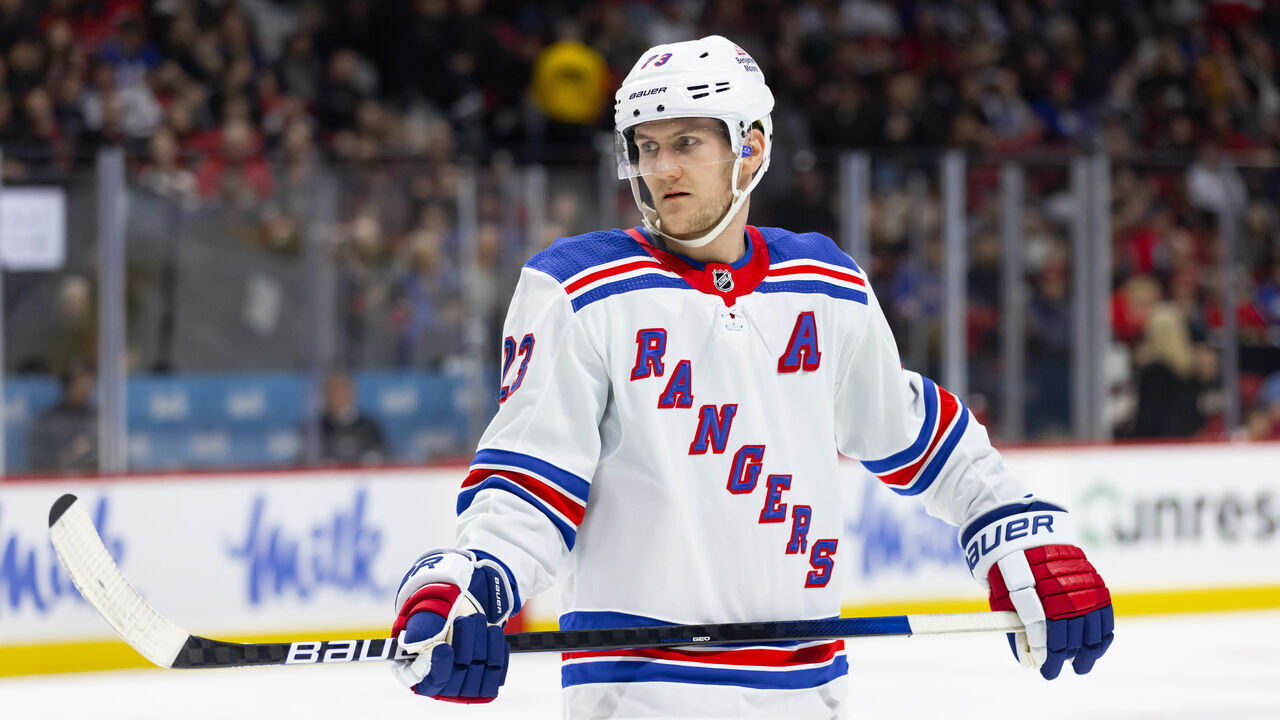 OTTAWA, ON - JANUARY 27: New York Rangers Defenceman Adam Fox (23) before a face-off during second period National Hockey League action between the New York Rangers and Ottawa Senators on January 27, 2024, at Canadian Tire Centre in Ottawa, ON, Canada.