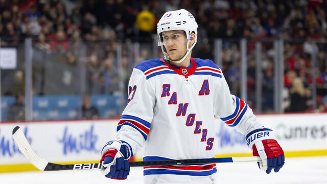 OTTAWA, ON - JANUARY 27: New York Rangers Defenceman Adam Fox (23) before a face-off during second period National Hockey League action between the New York Rangers and Ottawa Senators on January 27, 2024, at Canadian Tire Centre in Ottawa, ON, Canada.