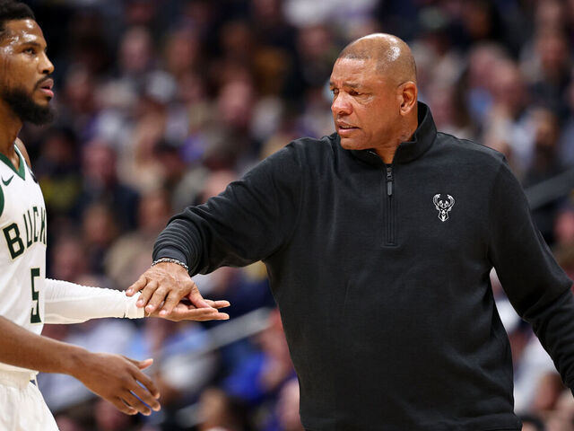 DENVER, COLORADO - JANUARY 29: Head Coach Doc Rivers of the Milwaukee Bucks coaches against the Denver Nuggets at Ball Arena on January 29, 2024 in Denver, Colorado. NOTE TO USER: User expressly acknowledges and agrees that, by downloading and/or using this Photograph, user is consenting to the terms and conditions of the Getty Images License Agreement.