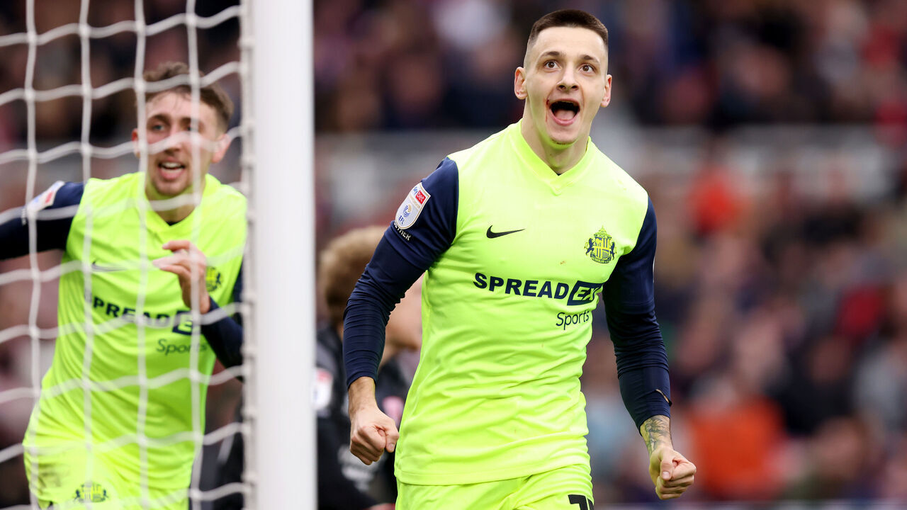 MIDDLESBROUGH, ENGLAND - FEBRUARY 04: Nazariy Rusyn of Sunderland celebrates scoring his team's first goal during the Sky Bet Championship match between Middlesbrough and Sunderland at Riverside Stadium on February 04, 2024 in Middlesbrough, England.