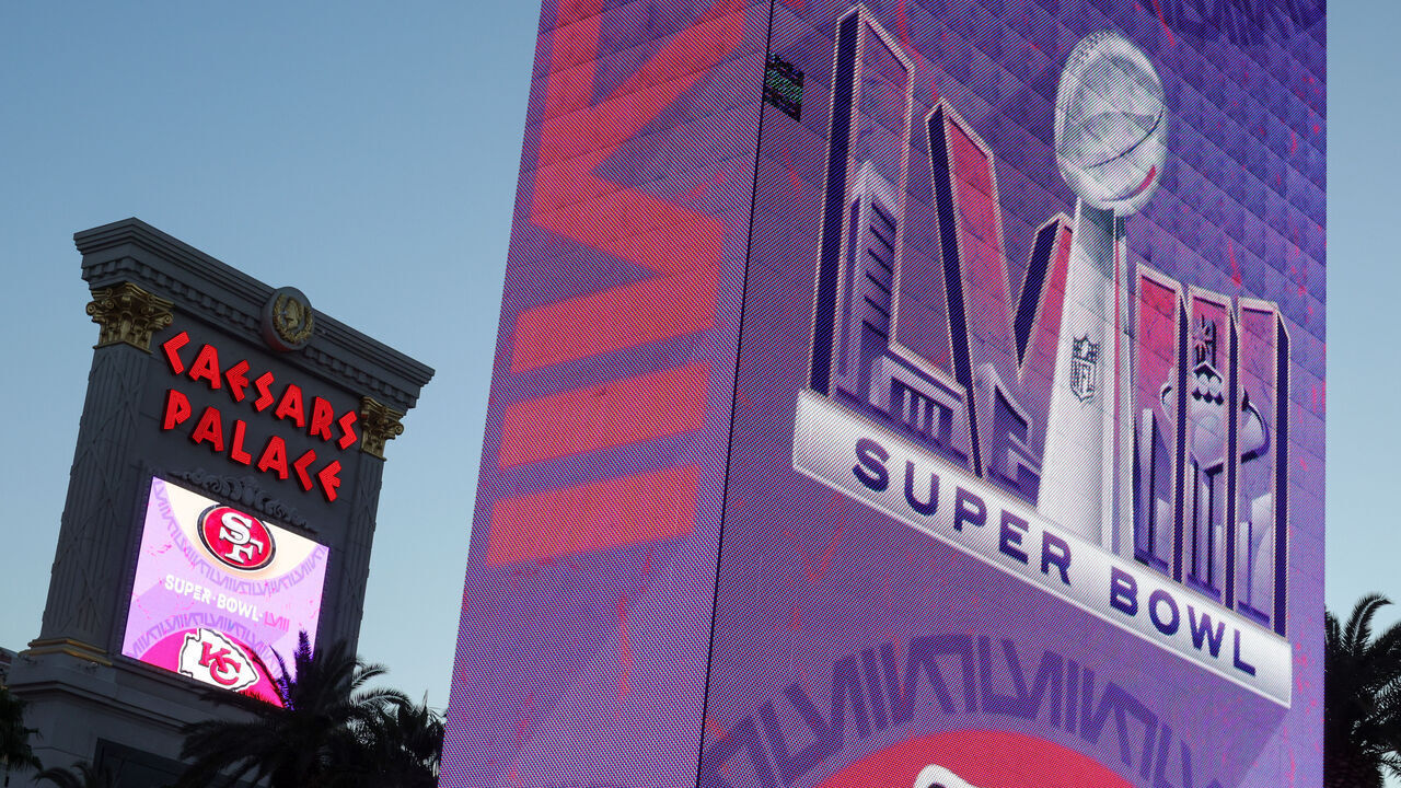 LAS VEGAS, NEVADA - FEBRUARY 03: The marquees at Caesars Palace (L) and Harrah's Las Vegas display Super Bowl LVIII signage on February 03, 2024 in Las Vegas, Nevada. The game will be played on February 11, 2024, between the San Francisco 49ers and the Kansas City Chiefs at Allegiant Stadium in Las Vegas.