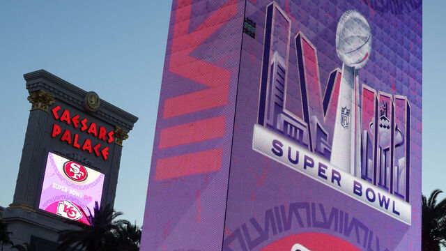 LAS VEGAS, NEVADA - FEBRUARY 03: The marquees at Caesars Palace (L) and Harrah's Las Vegas display Super Bowl LVIII signage on February 03, 2024 in Las Vegas, Nevada. The game will be played on February 11, 2024, between the San Francisco 49ers and the Kansas City Chiefs at Allegiant Stadium in Las Vegas.
