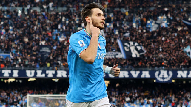 NAPLES, ITALY - FEBRUARY 04: Khvicha Kvaratskhelia of SSC Napoli celebrates after scoring his side second goal during the Serie A TIM match between SSC Napoli and Hellas Verona FC at Stadio Diego Armando Maradona on February 04, 2024 in Naples, Italy.