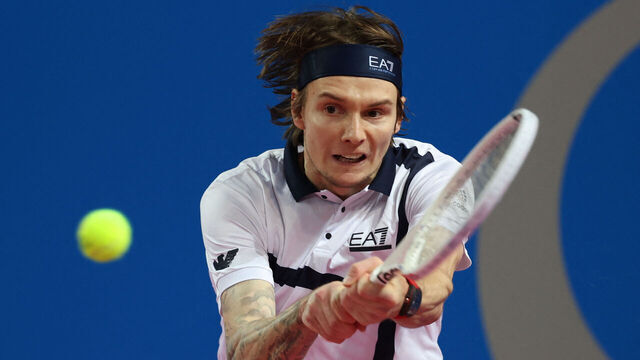 Kazakhstan's Alexander Bublik returns the ball to Croatia's Borna Coric during their ATP World Tour Open Sud de France final tennis match, in Montpellier, southern France, on February 4, 2024.