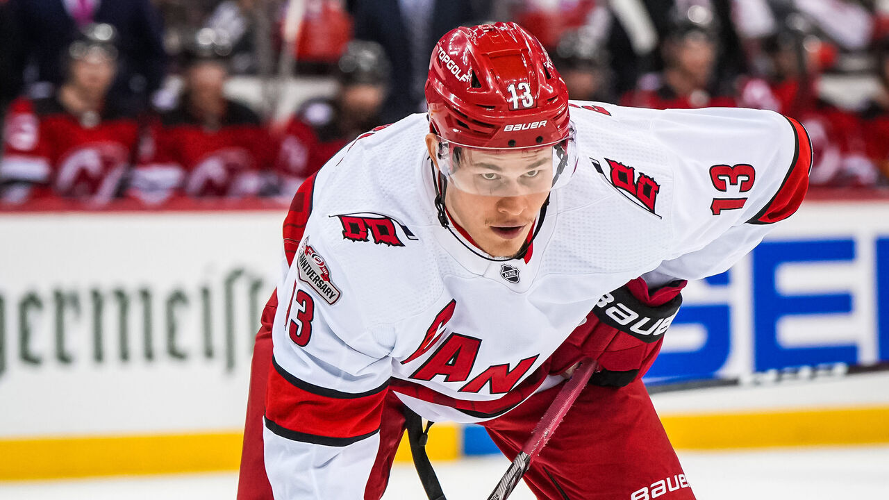 NEWARK, NEW JERSEY - MAY 07: Jesse Puljujarvi #13 of the Carolina Hurricanes lines up during the first period against the New Jersey Devils in Game Three of the Second Round of the 2023 Stanley Cup Playoffs at Prudential Center on May 07, 2023 in Newark, New Jersey.