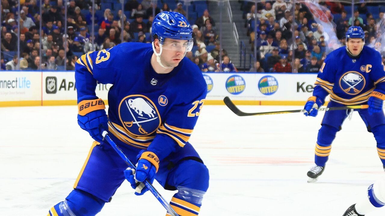 BUFFALO, NEW YORK - JANUARY 20: Mattias Samuelsson #23 of the Buffalo Sabres skates against the Tampa Bay Lightning during an NHL game on January 20, 2024 at KeyBank Center in Buffalo, New York.