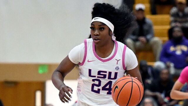 BALTIMORE, MARYLAND - DECEMBER 20: Aneesah Morrow #24 of the LSU Lady Tigers handles the ball against the Coppin State Eagles at Coppin State University on December 20, 2023 in Baltimore, Maryland.