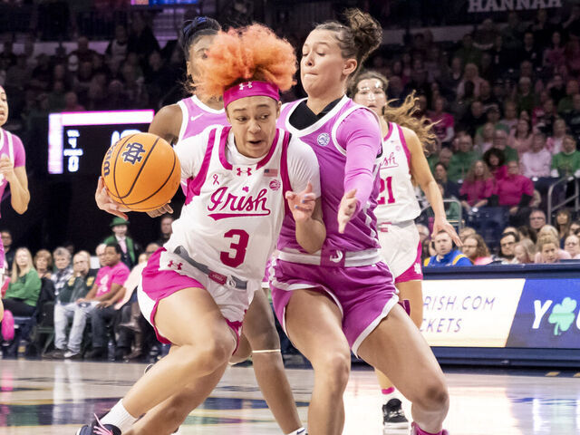 SOUTH BEND, IN - FEBRUARY 04: Notre Dame Fighting Irish guard Hannah Hidalgo (3) drives the ball toward the basket during a college basketball game between the Pittsburgh Panthers and the Notre Dame Fighting Irish on February 4, 2024 at Purcell Pavilion in South Bend, Indiana.