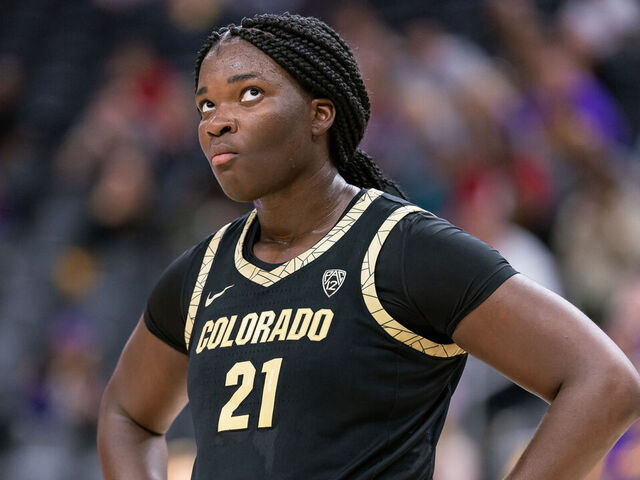 LAS VEGAS, NEVADA - NOVEMBER 6: Aaronette Vonleh #21 of the Colorado Buffaloes is seen during the game against the LSU Lady Tigers in the Naismith Hall of Fame Series at T-Mobile Arena on November 6, 2023 in Las Vegas, Nevada.