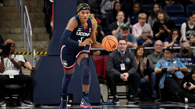 WASHINGTON, DC - JANUARY 07: Aaliyah Edwards #3 of the UConn Huskies handles the ball against the Georgetown Hoyas at Entertainment & Sports Arena on January 07, 2024 in Washington, DC.