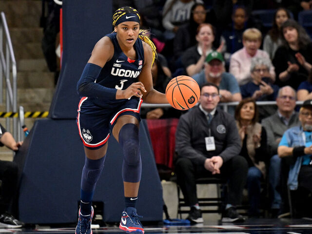 WASHINGTON, DC - JANUARY 07: Aaliyah Edwards #3 of the UConn Huskies handles the ball against the Georgetown Hoyas at Entertainment & Sports Arena on January 07, 2024 in Washington, DC.