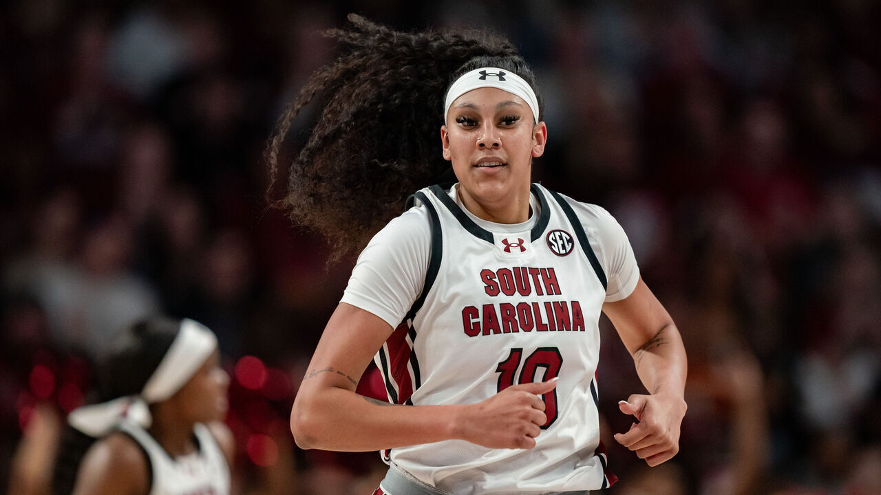 COLUMBIA, SOUTH CAROLINA - JANUARY 15: Kamilla Cardoso #10 of the South Carolina Gamecocks looks on during the game against the Kentucky Wildcats at Colonial Life Arena on January 15, 2024 in Columbia, South Carolina.