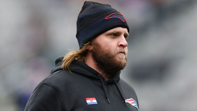 EAST RUTHERFORD, NEW JERSEY - NOVEMBER 26: New England Patriots outside linebackers coach Stephen Belichick looks on prior to a game against the New York Giants at MetLife Stadium on November 26, 2023 in East Rutherford, New Jersey.