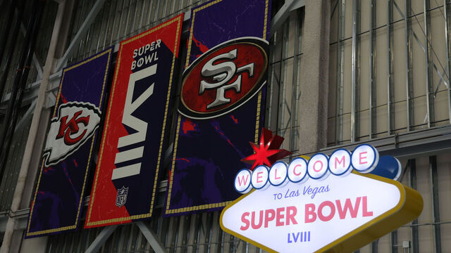 LAS VEGAS, NV - FEBRUARY 04: A Kansas City Chiefs and San Francisco 49ers banner is displayed for Super Bowl LVIII at the Harry Reid International Airport on February 4, 2024 in Las Vegas, NV. Super Bowl LVIII will be played between the Kansas City Chiefs and the San Francisco 49ers on February 11th at Allegiant Stadium in Las Vegas, Nevada.