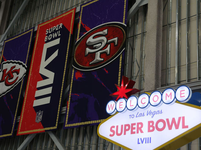 LAS VEGAS, NV - FEBRUARY 04: A Kansas City Chiefs and San Francisco 49ers banner is displayed for Super Bowl LVIII at the Harry Reid International Airport on February 4, 2024 in Las Vegas, NV. Super Bowl LVIII will be played between the Kansas City Chiefs and the San Francisco 49ers on February 11th at Allegiant Stadium in Las Vegas, Nevada.
