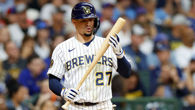 MILWAUKEE, WISCONSIN - SEPTEMBER 30: Willy Adames #27 of the Milwaukee Brewers up to bat during the game against the Chicago Cubs at American Family Field on September 30, 2023 in Milwaukee, Wisconsin.