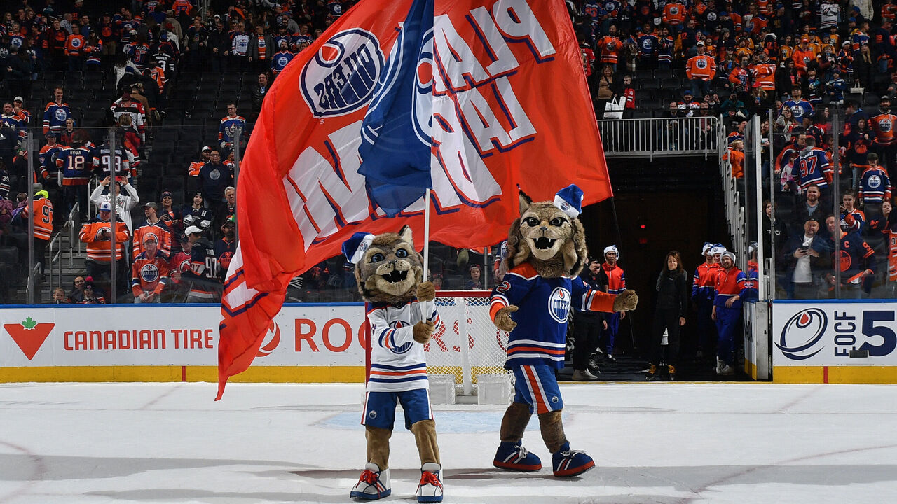 EDMONTON, CANADA - DECEMBER 10: Edmonton Oilers mascots Hunter and Kit salute fans after their team's win over the New Jersey Devils at Rogers Place on December 10, 2023, in Edmonton, Alberta, Canada.