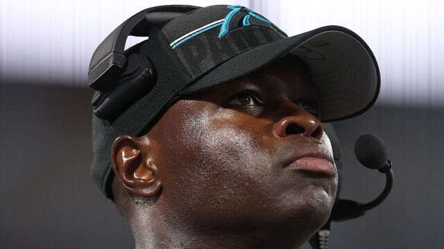 CHARLOTTE, NORTH CAROLINA - AUGUST 25: Carolina Panthers defensive coordinator Ejiro Evero looks on during the second quarter of a preseason game against the Detroit Lions at Bank of America Stadium on August 25, 2023 in Charlotte, North Carolina.