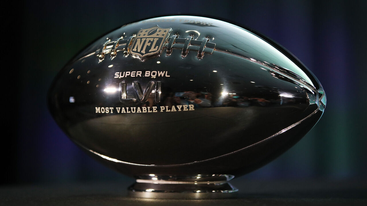 LOS ANGELES, CALIFORNIA - FEBRUARY 14: The Pete Rozelle Trophy given to the Super Bowl MVP is seen during the Super Bowl LVI head coach and MVP press conference at Los Angeles Convention Center on February 14, 2022 in Los Angeles, California.