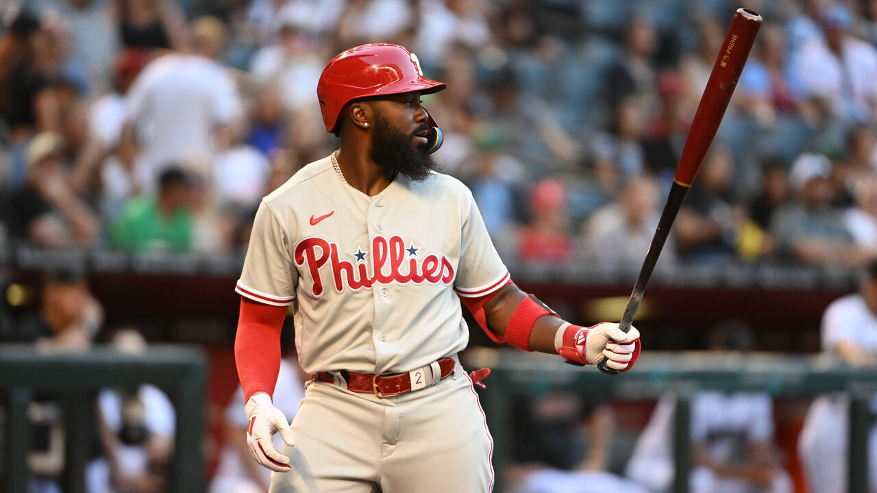 PHOENIX, ARIZONA - JUNE 12: Josh Harrison #2 of the Philadelphia Phillies gets ready in the batters box against the Arizona Diamondbacks at Chase Field on June 12, 2023 in Phoenix, Arizona.