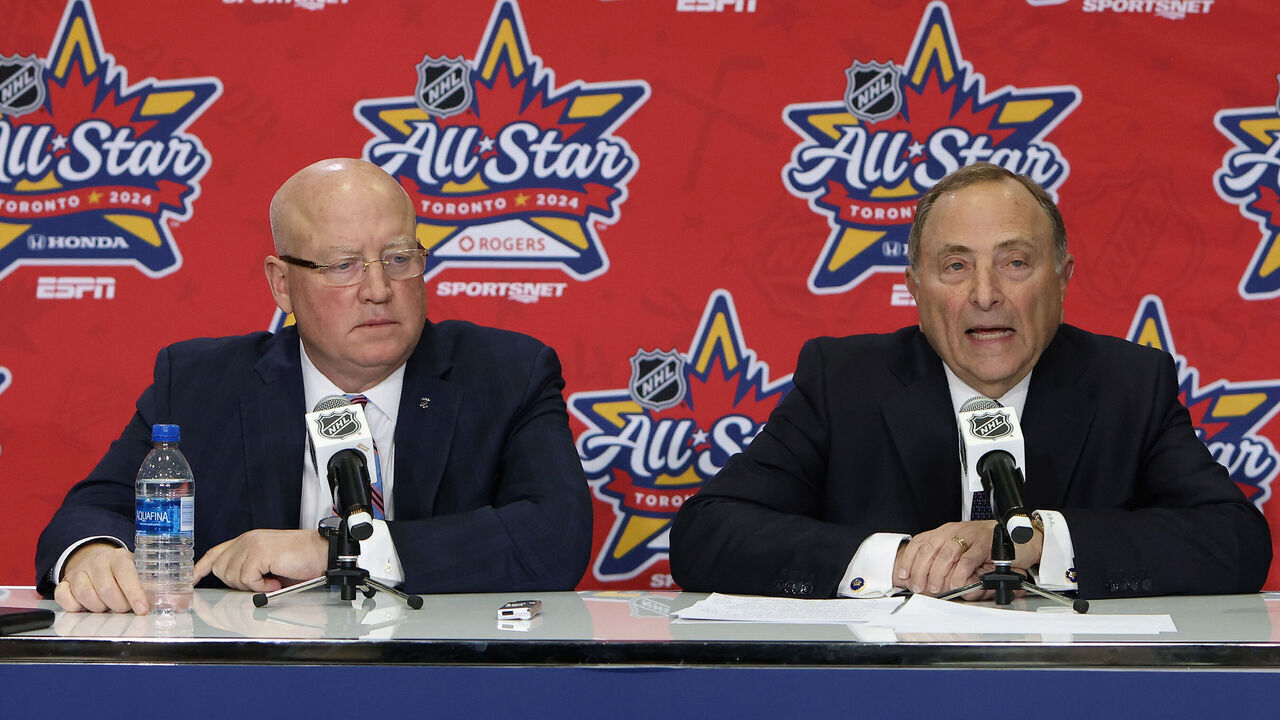 TORONTO, CANADA - FEBRUARY 02: (L-R) NHL deputy commissioner Bill Daly and commissioner Gary Bettman speaks with the media on February 02, 2024 at the Scotiabank Arena in Toronto, Ontario, Canada.
