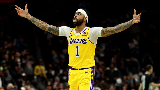 CHARLOTTE, NORTH CAROLINA - FEBRUARY 05: D'Angelo Russell #1 of the Los Angeles Lakers reacts during the second half of a game against the Charlotte Hornets at Spectrum Center on February 05, 2024 in Charlotte, North Carolina.