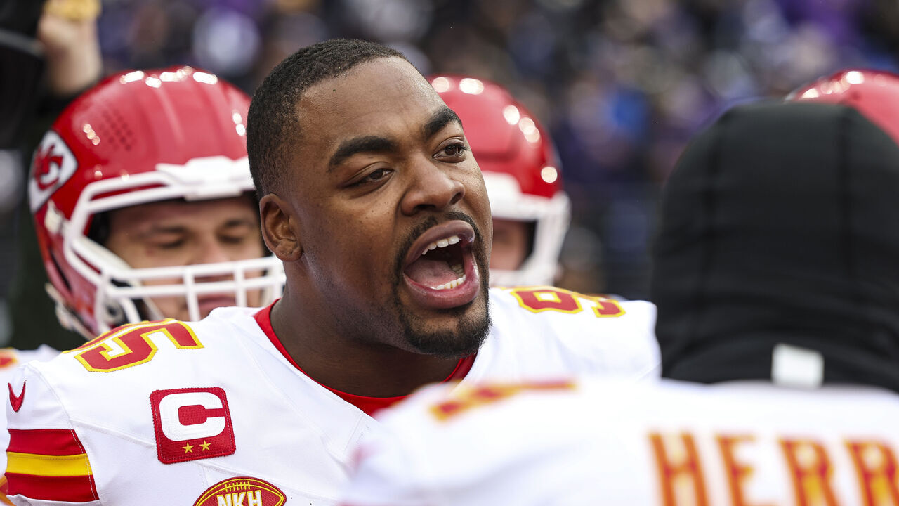 BALTIMORE, MD - JANUARY 28: Chris Jones #95 of the Kansas City Chiefs leads a huddle prior to the AFC Championship NFL football game against the Baltimore Ravens at M&T Bank Stadium on January 28, 2024 in Baltimore, Maryland.
