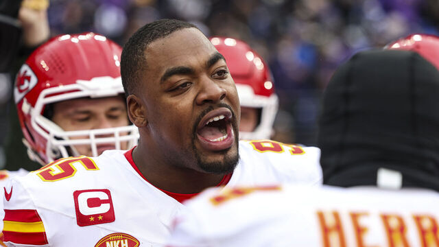 BALTIMORE, MD - JANUARY 28: Chris Jones #95 of the Kansas City Chiefs leads a huddle prior to the AFC Championship NFL football game against the Baltimore Ravens at M&T Bank Stadium on January 28, 2024 in Baltimore, Maryland.