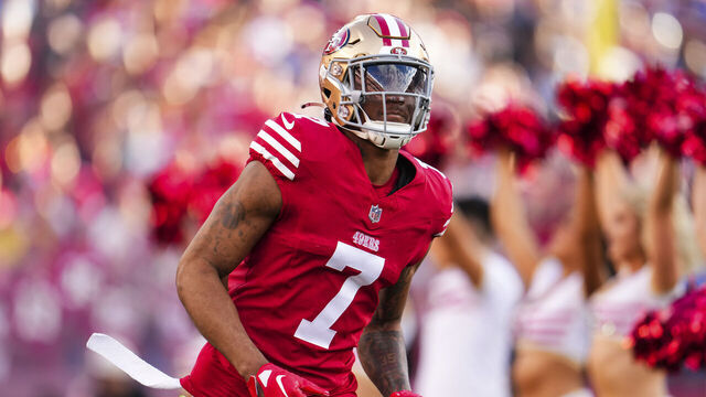 SANTA CLARA, CA - JANUARY 28: Charvarius Ward #7 of the San Francisco 49ers runs onto the field prior to the NFC Championship NFL football game against the Detroit Lions at Levi's Stadium on January 28, 2024 in Santa Clara, California.