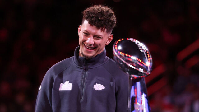LAS VEGAS, NV - FEBRUARY 05: Kansas City Chiefs quarterback Patrick Mahomes (15) smiles during the Super Bowl LVIII Opening Night presented by Gatorade featuring the AFC Champions Kansas City Chiefs and the NFC Champions San Francisco 49ers on Monday, Feb. 5, 2024, at Allegiant Stadium in Las Vegas, Nevada.