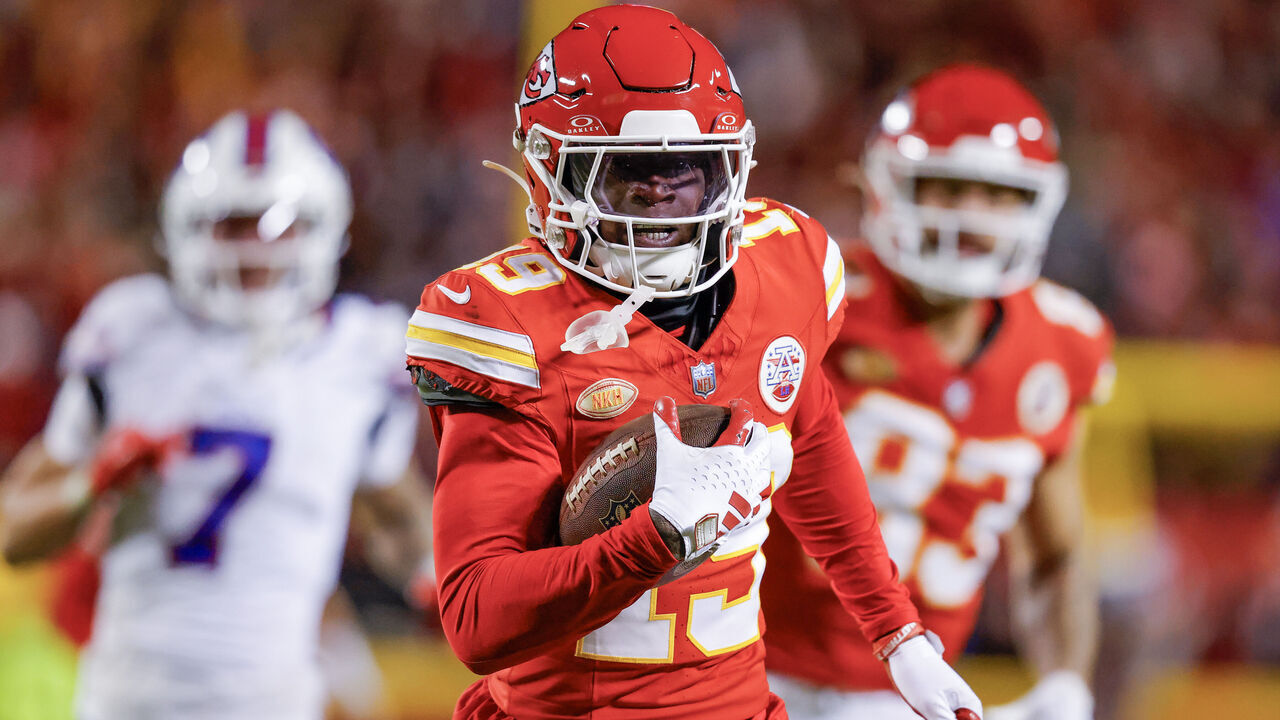 KANSAS CITY, MISSOURI - DECEMBER 10: Kadarius Toney #19 of the Kansas City Chiefs carries the ball for a touchdown on a play that was called back due to a penalty during the second half of the game against the Buffalo Bills at GEHA Field at Arrowhead Stadium on December 10, 2023 in Kansas City, Missouri.