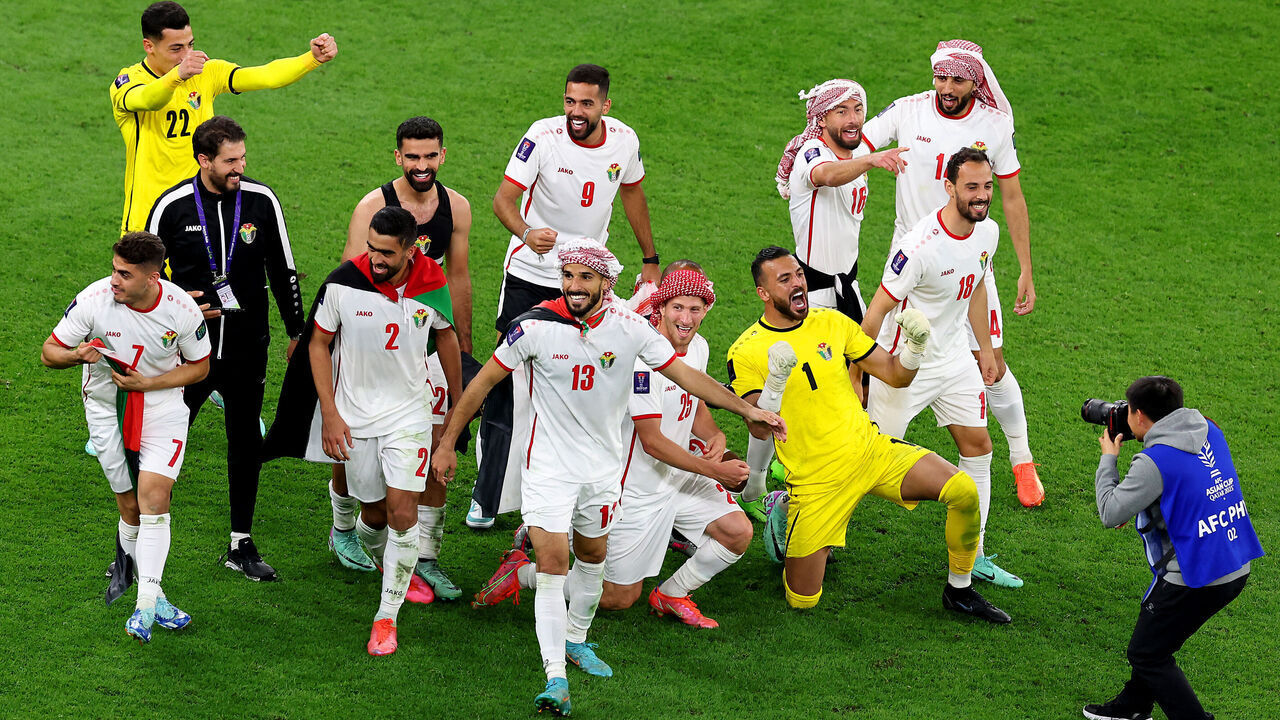 DOHA, QATAR - FEBRUARY 06: Players of Jordan celebrate victory following the AFC Asian Cup semi final match between Jordan and South Korea at Ahmad Bin Ali Stadium on February 06, 2024 in Doha, Qatar.