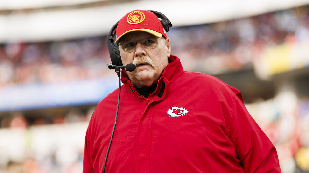 INGLEWOOD, CALIFORNIA - JANUARY 07: Andy Reid of the Kansas City Chiefs looks on from the sideline before an NFL football game against the Los Angeles Chargers at SoFi Stadium on January 7, 2024 in Inglewood, California.