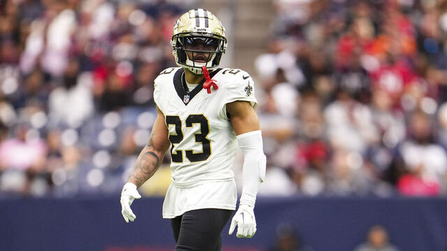 HOUSTON, TX - OCTOBER 15: Marshon Lattimore #23 of the New Orleans Saints looks on from the field during an NFL football game against the Houston Texans at NRG Stadium on October 15, 2023 in Houston, Texas.