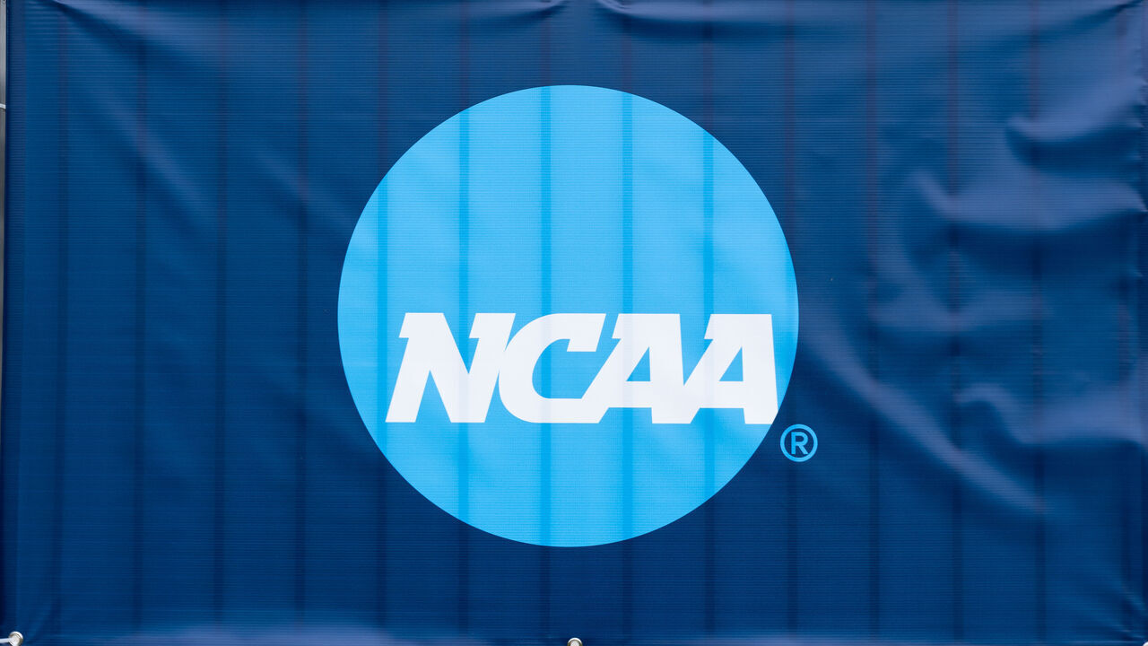 MATTHEWS, NORTH CAROLINA - DECEMBER 9: The NCAA logo is shown on a banner before the Point Loma Sea Lions take on the Washburn Ichabods during the Division II Women's Soccer Championship held at Sportsplex Matthews on December 9, 2023 in Matthews, North Carolina.