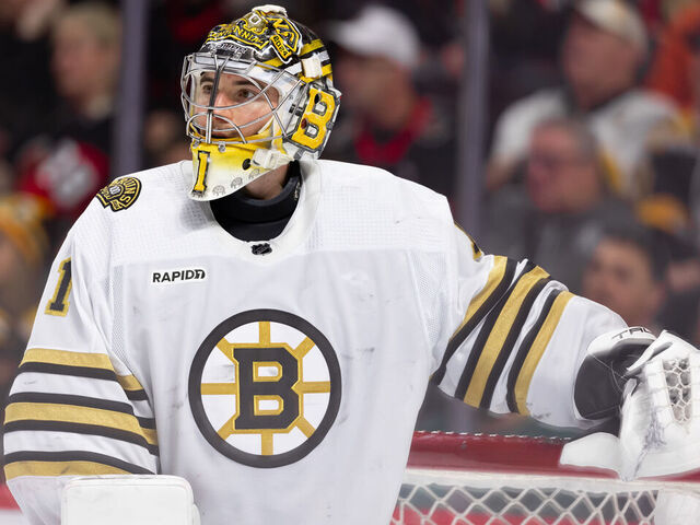 OTTAWA, ON - JANUARY 25: Boston Bruins Goalie Jeremy Swayman (1) after a whistle during first period National Hockey League action between the Boston Bruins and Ottawa Senators on January 25, 2024, at Canadian Tire Centre in Ottawa, ON, Canada.
