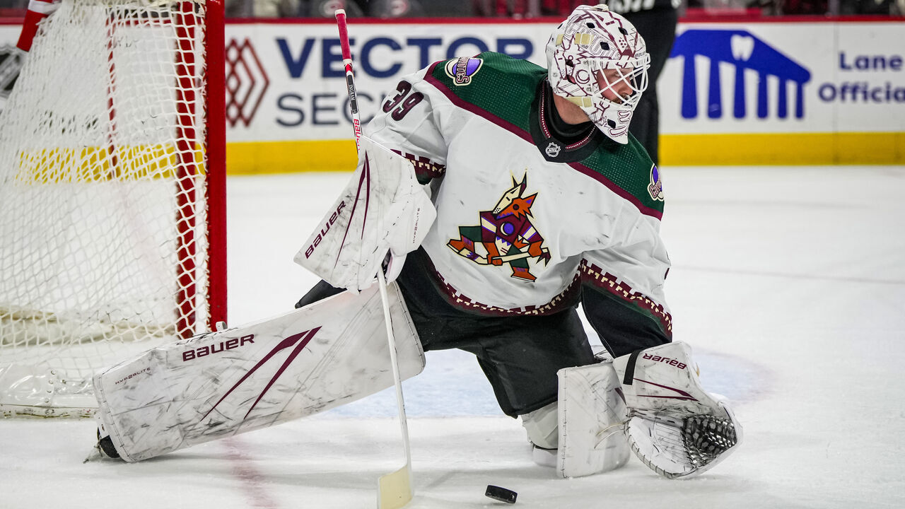 RALEIGH, NORTH CAROLINA - JANUARY 27: Connor Ingram #39 of the Arizona Coyotes tends net during the first period against the Carolina Hurricanes at PNC Arena on January 27, 2024 in Raleigh, North Carolina.
