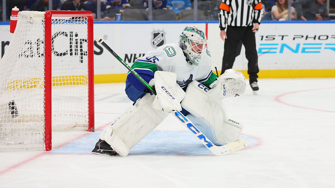 ST LOUIS, MISSOURI - JANUARY 4: Thatcher Demko #35 of the Vancouver Canucks in goal against the St. Louis Blues at Enterprise Center on January 4, 2024 in St Louis, Missouri.