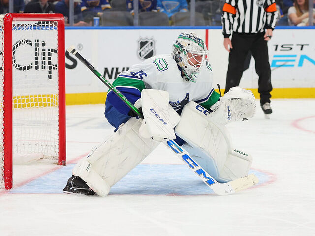 ST LOUIS, MISSOURI - JANUARY 4: Thatcher Demko #35 of the Vancouver Canucks in goal against the St. Louis Blues at Enterprise Center on January 4, 2024 in St Louis, Missouri.