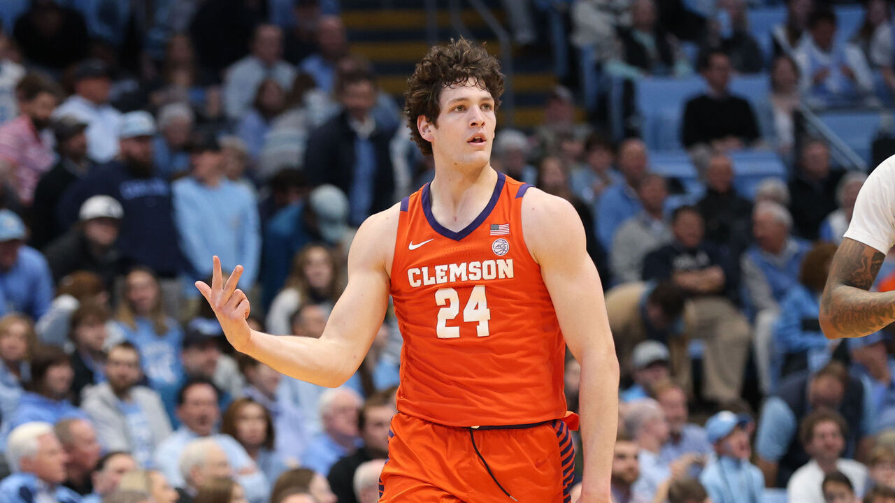 RALEIGH, NC - NOVEMBER 04: Clemson Tigers center PJ Hall (24) celebrates the three point basket during the college football game between the North Carolina State Wolfpack and the Miami Hurricanes on November 4, 2023 at Carter-Finley Stadium in Raleigh, NC.