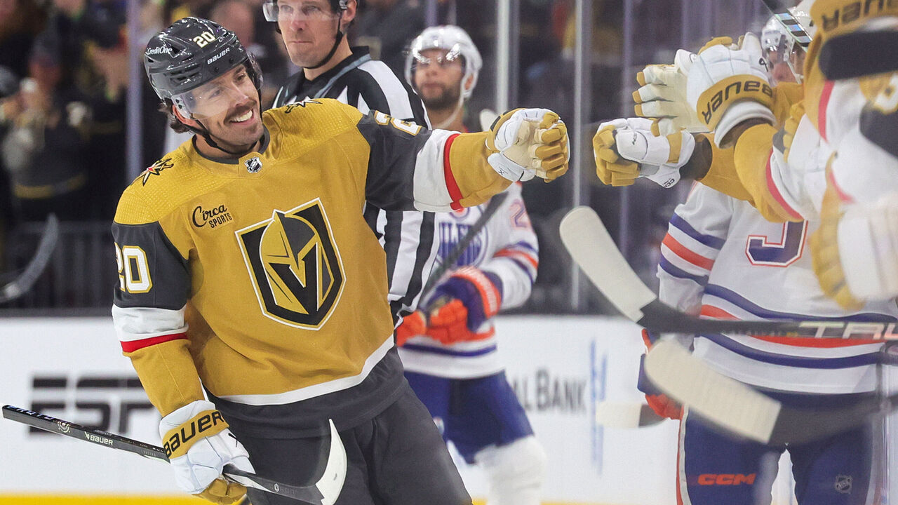 LAS VEGAS, NEVADA - FEBRUARY 06: Chandler Stephenson #20 of the Vegas Golden Knights celebrates with teammates on the bench after scoring a third-period goal against the Edmonton Oilers during their game at T-Mobile Arena on February 06, 2024 in Las Vegas, Nevada.