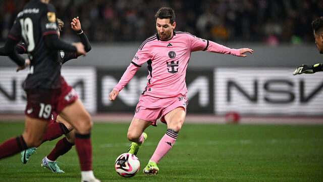 TOPSHOT - Inter Miami's Argentine forward Lionel Messi (C) kicks the ball during the second half of the friendly football match between Inter Miami of the US's Major League Soccer league and Vissel Kobe of Japan's J-League at the National Stadium in Tokyo on February 7, 2024.