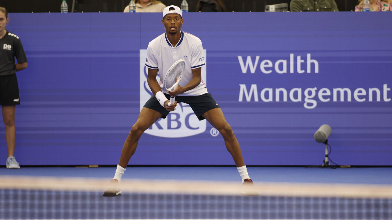 DALLAS, TX - FEBRUARY 06: Christopher Eubanks (USA) receives serve during the Dallas Open on February 6, 2024 at Styslinger/Altec Tennis Complex in Dallas, TX.