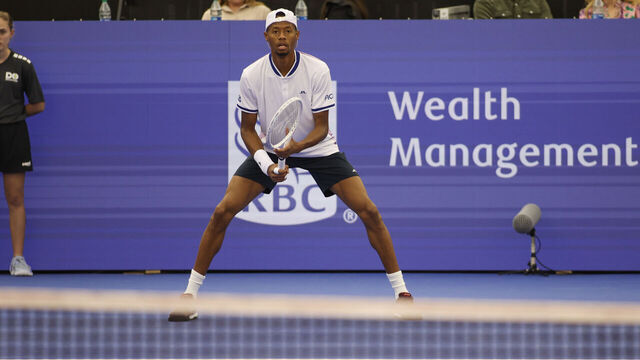 DALLAS, TX - FEBRUARY 06: Christopher Eubanks (USA) receives serve during the Dallas Open on February 6, 2024 at Styslinger/Altec Tennis Complex in Dallas, TX.