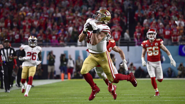 Football: Super Bowl LIV: San Francisco 49ers George Kittle (85) in action, making catch vs Kansas City Chiefs at Hard Rock Stadium. Miami Gardens, FL 2/2/2020 CREDIT: John W. McDonough (Set Number: X163165 TK1 )