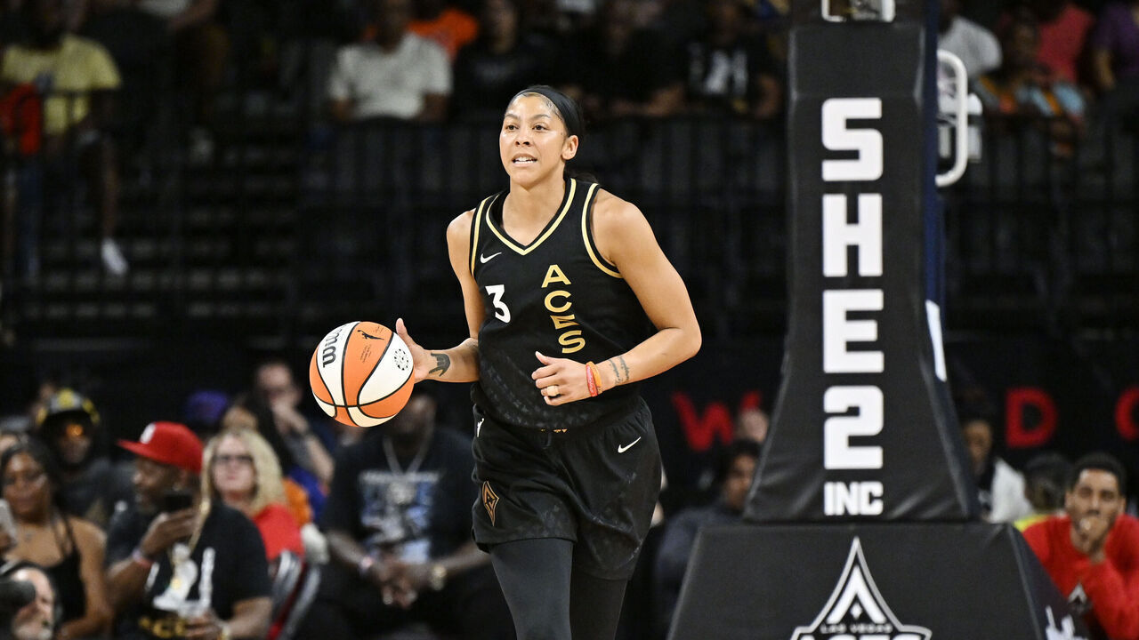LAS VEGAS, NV - JULY 5: Candace Parker #3 of the Las Vegas Aces dribbles the ball during the game against the Dallas Wings on July 5, 2023 at Michelob ULTRA Arena in Las Vegas, Nevada. Mandatory Copyright Notice: Copyright 2023 NBAE