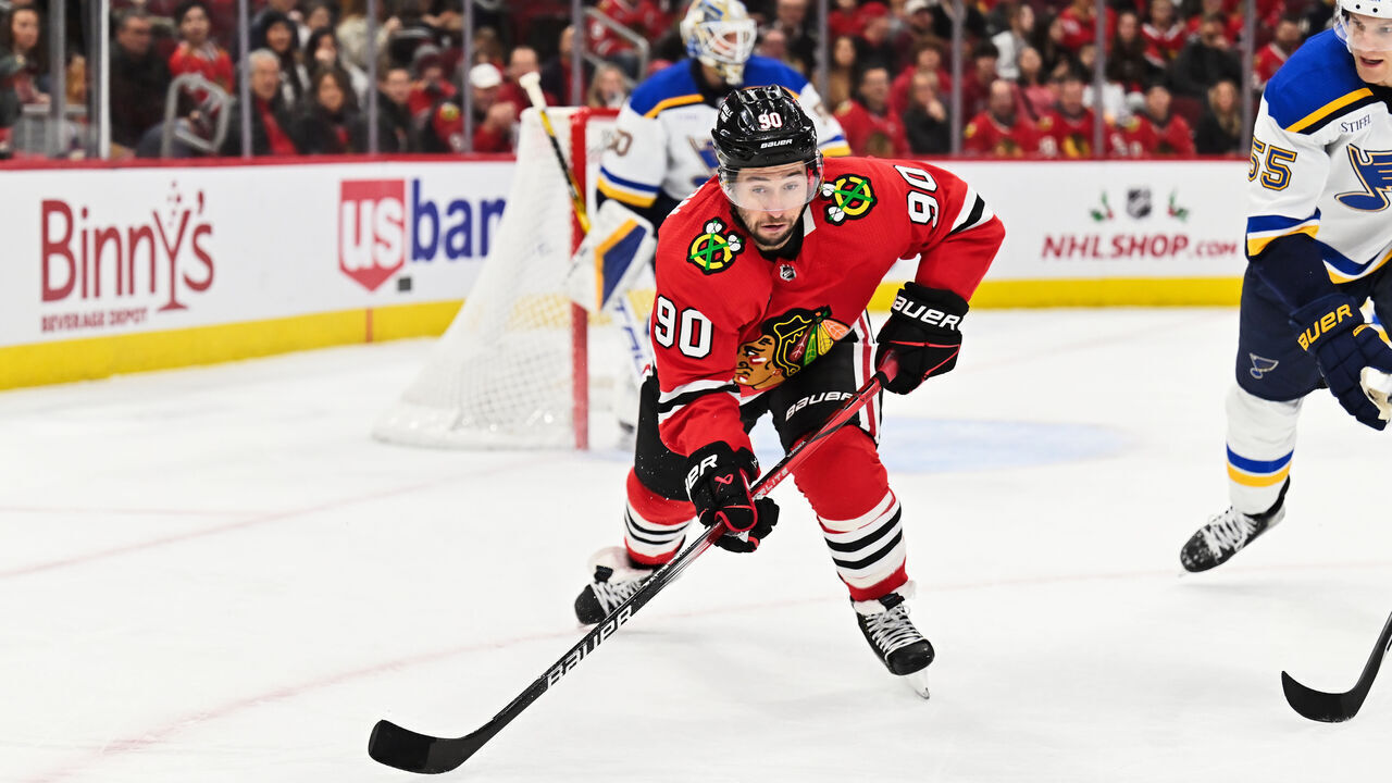 CHICAGO, ILLINOIS - NOVEMBER 26: Tyler Johnson #90 of the Chicago Blackhawks skates against the St. Louis Blues on November 26, 2023 at United Center in Chicago, Illinois.